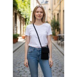 The Sak Mini Crossbody Bag Black Crochet Foldover Flap Zip Closure Casual